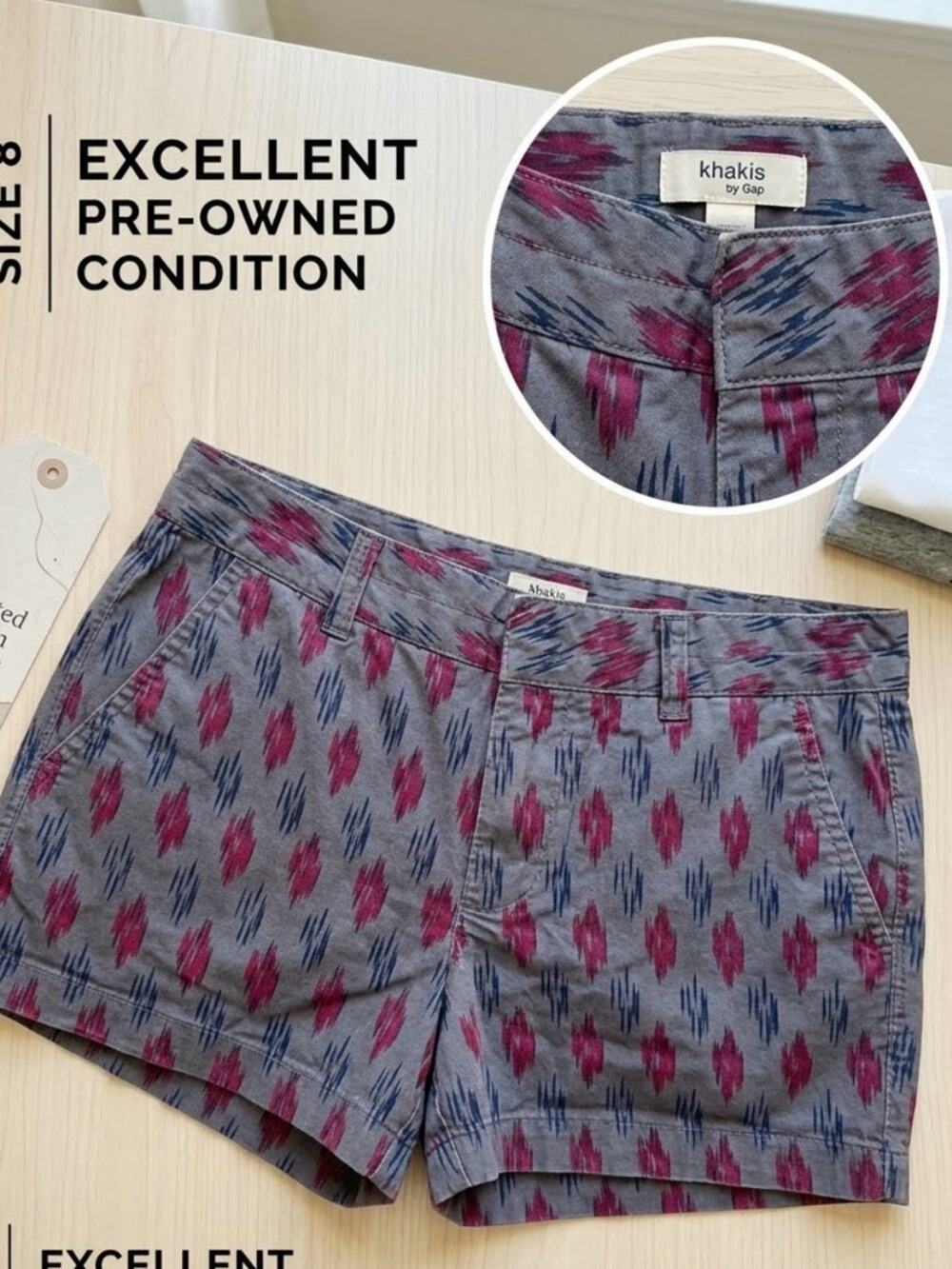 324. Khakis by Gap Women's Chino Shorts Gray Red Blue Ikat Geometric 3 Size 6